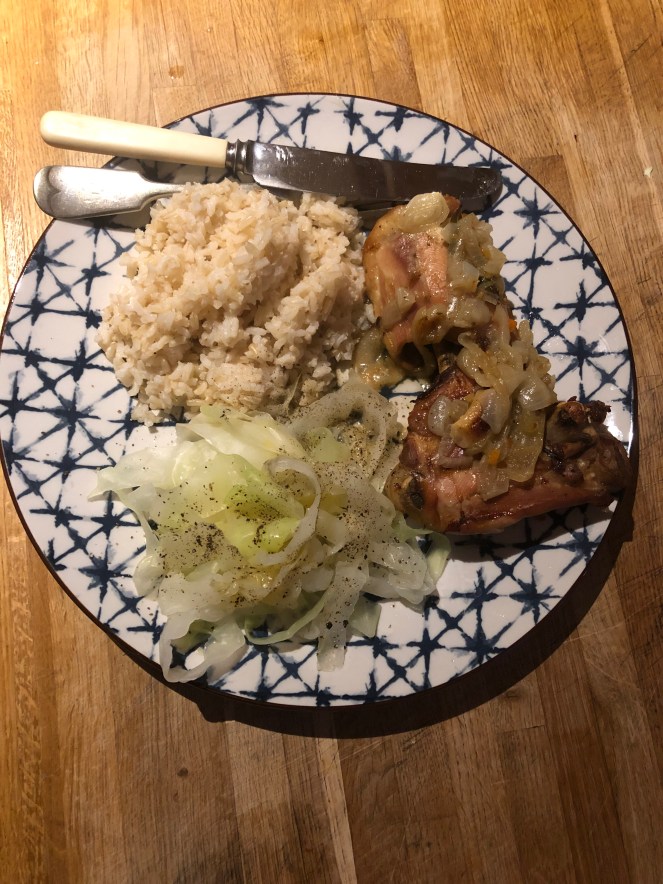 Chicken with bay leaves and sweet onions