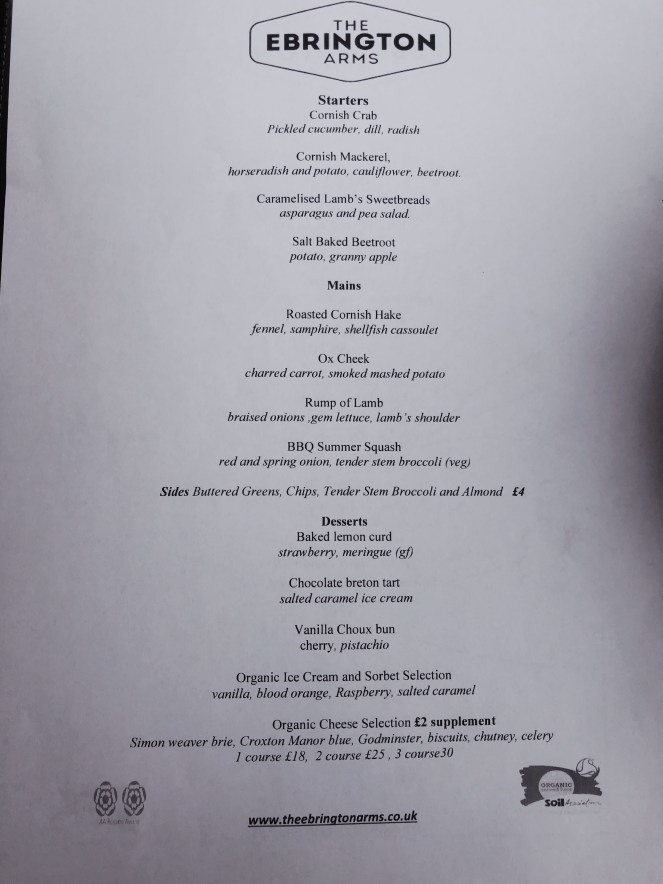 Ebrington Arms menu, Chipping Campden
