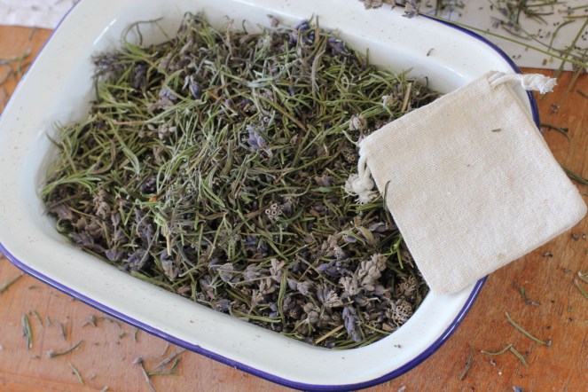 making dried lavender and rosemary scented bags