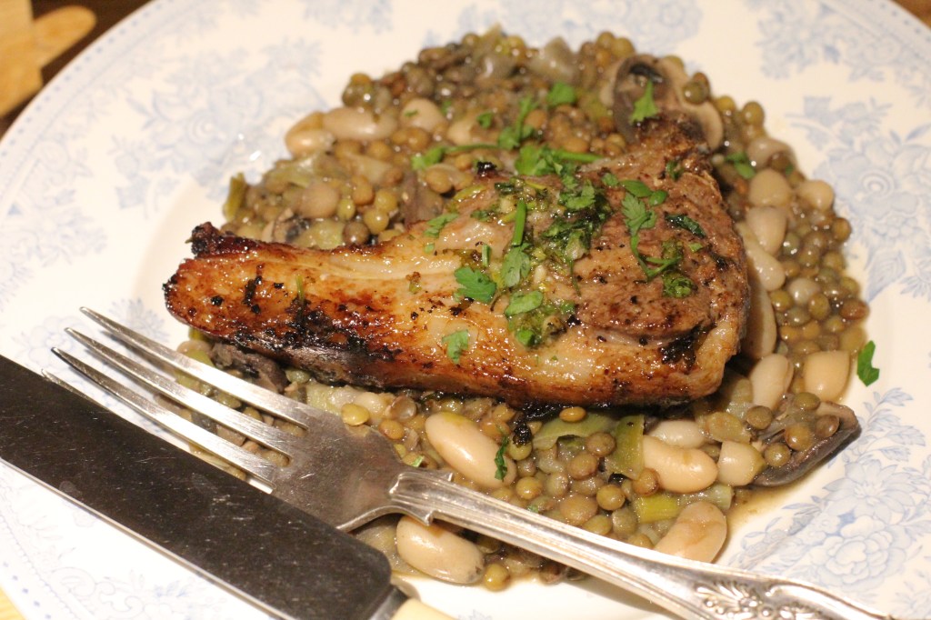 Lamb loin chops and lentils