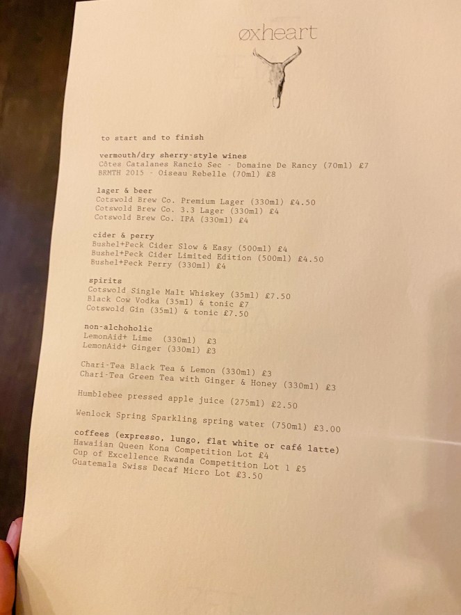 Oxheart restaurant wine menu Long Compton