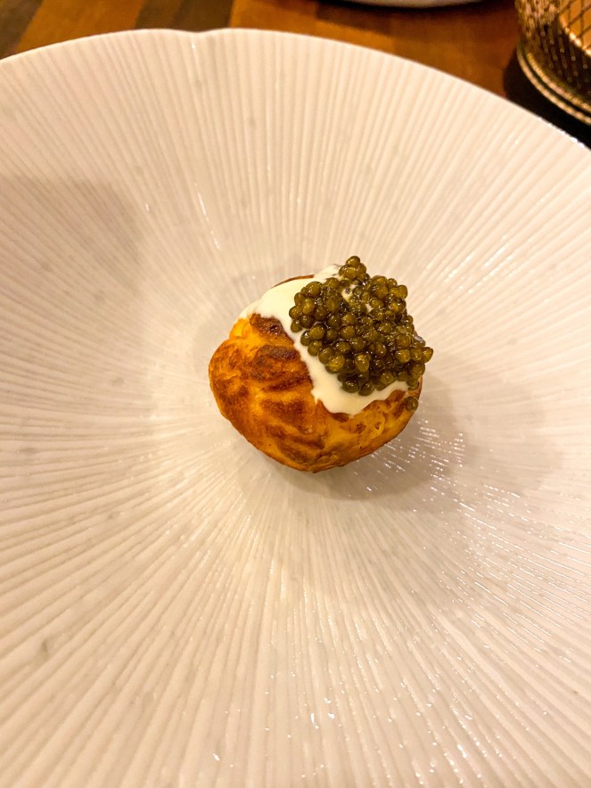 Oxheart restaurant exmoor caviar, Cotswold gold parmetier, crème fraiche, birch and hazelnut