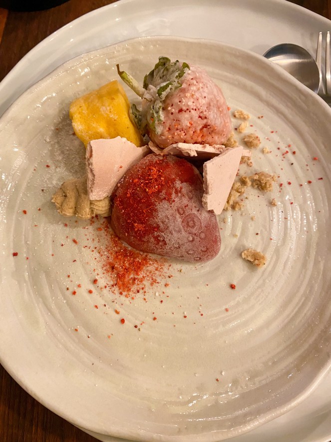 strawberries and cream at Oxheart restaurant Long Compton